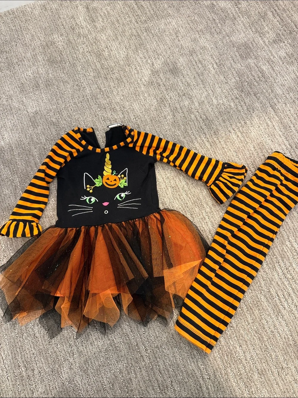 Emily Rose Black, Orange & Green Cat Pumpkin Tutu Halloween Outfit 3T
